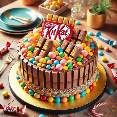 Kit Kat Birthday Cake Images Kitkat Birthday Cake, Kitkat Cake Ideas, Candy Decorated Cake, Colorful Candy Cake, Birthday Cake Images, Kitkat Cake, Kit Kat Cake, Kit Kat Bars, Candy Birthday Cakes