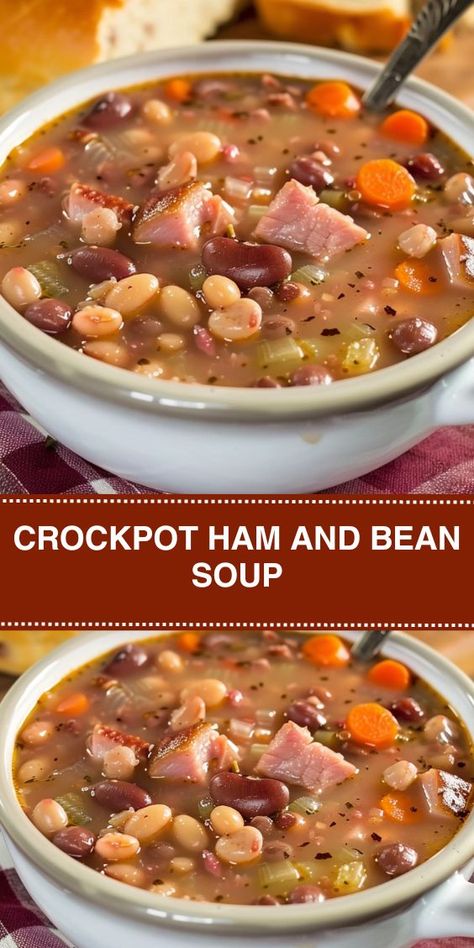 Looking for a comforting and hassle-free meal idea? Our Slow Cooker Ham and Bean Soup recipe is here to save the day! Packed with savory ham, a variety of veggies, and nutritious beans, this dish is perfect for busy weeknights or lazy weekends. Simply toss everything into the slow cooker and let it work its magic while you go about your day. With ingredients like diced ham, carrots, celery,... Ham And Beans In The Crockpot, Ham And Beans Soup Crockpot Recipes, Crockpot Soup Beans And Ham, Slow Cooker Recipes Ham, Bean And Ham Soup Recipes Crock Pot, Bean Soup Crockpot Easy, Soup Beans And Ham Crock Pots, Easy Ham And Bean Soup Crockpot, Ham And Beans Recipe Slow Cooker