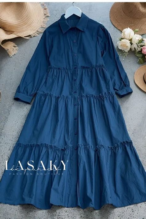 Long Cotton Dress, Cotton Dress Pattern, Simple Dress Casual, Modest Casual Outfits, Color Combos Outfit, Mode Kimono, Cotton Long Dress, Fashion Top Outfits, Long Dress Design