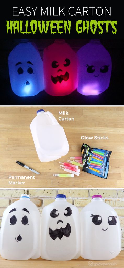 No mess, no hot glue gun required. Make the easiest Halloween Decorations around... Milk Carton Halloween Ghosts! Home Made Halloween Decorations Kids, Diy Fun Halloween Decorations, Milk Gallon Ghost, Halloween Milk Jug Crafts, Halloween Milk Bottle Ghosts, Ghost Milk Jugs Glow Sticks, Milk Gallon Halloween Crafts, Micheals Diy Projects Halloween, At Home Halloween Crafts