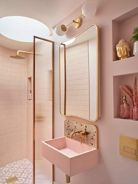 Pink & Gray Rooms in a Victorian Home with a Guest House 13 Gray Rooms, Pink Bathroom Vintage, Brick Feature Wall, Victorian Apartment, Unique Interiors, Dark Grey Kitchen, Scandinavian Bathroom, Grey Room, Bathroom Goals