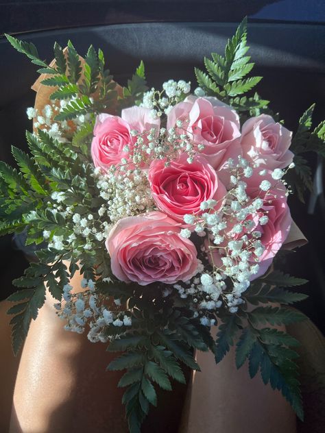 pink rose boquet with baby breath White And Pink Flowers Bouquets, Prom Flowers Pink Dress, Pink Roses And Baby Breath Bouquet, Pink Roses With Baby Breath, Pink Baby’s Breath, Light Pink Prom Bouquet, Baby’s Breath Flowers, Rose And Baby Breath Bouquet, Flower Bouquet Baby Breath