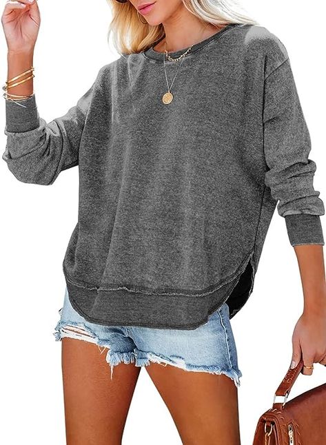 Women Fall Tops, Fall Pullover, Crewneck Sweatshirt Women, Elegante Casual, Sweatshirt For Women, Loose Pullover, Womens Crewneck, Side Split, Pullover Sweatshirts