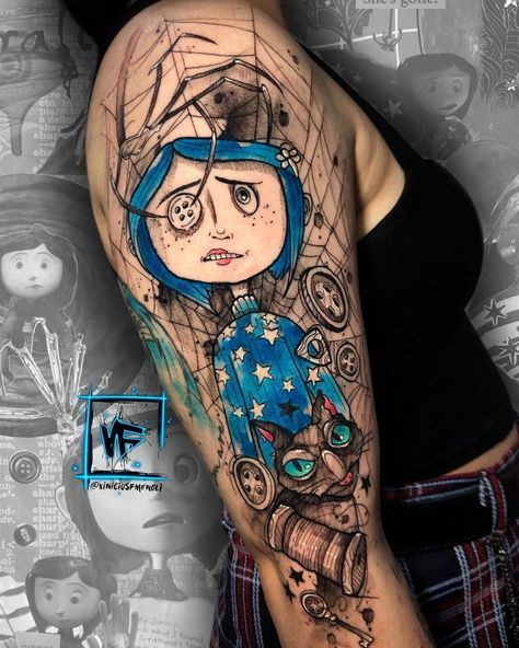 Tim Burton Characters Tattoo, Tim Burton Sleeve Tattoo, Coraline Tattoo Ideas, Coraline Tattoo, Tim Burton Tattoo, Mom Tattoo Designs, Movie Tattoos, Spooky Tattoos, Gothic Tattoo