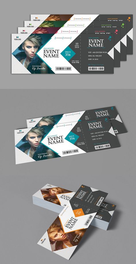 Even Ticket A creative, modern and corporate Even Ticket. Easy to change colors, text, photos & Fully editable. 04 different Coloured Design. Fully layered PSD files included. FEATURES: 04 color design Fully customizable 300 DPI All Graphic Resizable and Editable Conference Ticket Design, Raffle Ticket Design, Event Ticket Design Creative, Ticket Design Ideas, Event Ticket Design, Tickets Design, Ticket Ideas, Ticket Design Template, Layout Print