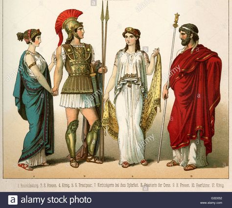 Download this stock image: Ancient Greece costume, wearing chiton, warrior with armour and helmet, white peplum tunic and himation robe. Date: circa 500 BC - G3D052 from Alamy's library of millions of high resolution stock photos, illustrations and vectors. Ancient Greece Costume, Greek Clothing Ancient, Ancient Greece Clothing, Ancient Greece Fashion, Roman Costumes, Greece Costume, Ancient Greek Costumes, Ancient Greek Clothing, Roman Clothes