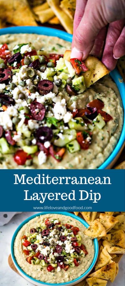 Full of Greek flavor and a light fresh Greek salsa, Mediterranean Layered Dip is built using a flavorful white bean dip and is served with seasoned baked pita chips. #appetizer #layereddip #Greekdip Mediterranean Dip Recipes Hummus, Mediterranean Layered Hummus Dip, Layered Mediterranean Dip, Layered Hummus Dip Feta, Mediterranean Diet Recipes Dips, Mediterranean Easter Recipes, Mediterranean Dips Appetizers, Hummus Layer Dip Recipe, Mediterranean Hummus Dip