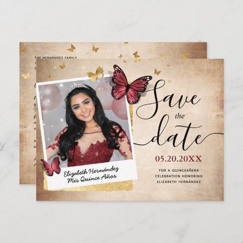 Burgundy Gold Butterfly Quince Photo Save the Date Announcement Postcard Save The Date Quinceanera Ideas, Butterfly Quinceanera Theme, Quinceanera Save The Date, Butterfly Quince, Butterfly Birthday Party Invitations, Floral Sweet 16, Quinceanera Ideas, Rustic Save The Dates, Quinceanera Themes