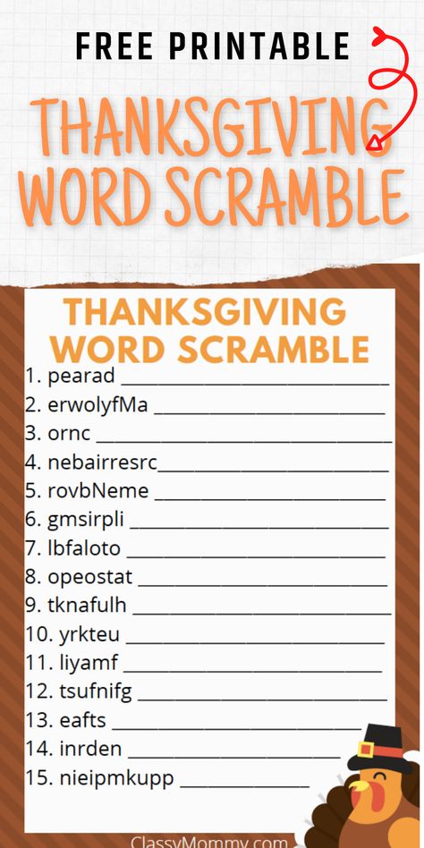 Easy Free Printable Thanksgiving Word Scramble. This fun free printable for Thanksgiving is full of festive words to unscramble for students in class or for the kids to enjoy at family gatherings! #ThanksgivingPrintables #freeprintables #wordscramble Senior Citizen Activities Crafts, Thanksgiving Word Scramble, Thanksgiving Family Games, Free Printable Thanksgiving, Christian Thanksgiving, Thanksgiving Games For Kids, Thanksgiving Gratitude, Thanksgiving Words, Thanksgiving Side Dish