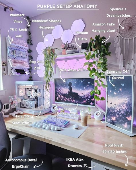 Pretty in purple 🎐 I think I need to find me a white or lilac gaming chair 🤔 any recommendations? 🪻 desk setup | room | setup style | minimalist | pc setup | gamer girl | brown desk | purple #cozysetup #fyp #cutesetup #deskspace #deskaesthetic #deskinspo #desksetups #deskgoals #workdesk #deskgram #deskview #gamingsetup #setupinspiration #pcsetup #dreamsetup #setupgoals #cozygaming #purple #aesthetic #hytey70 Purple Game Room Aesthetic, Feminine Pc Setup, Pretty Chairs For Desk, Gaming Room Purple Aesthetic, Art Tablet Desk Setup, Gamer Desk Setup Aesthetic, Lilac Desk Setup, Whimsical Desk Setup, Stream Room Setup