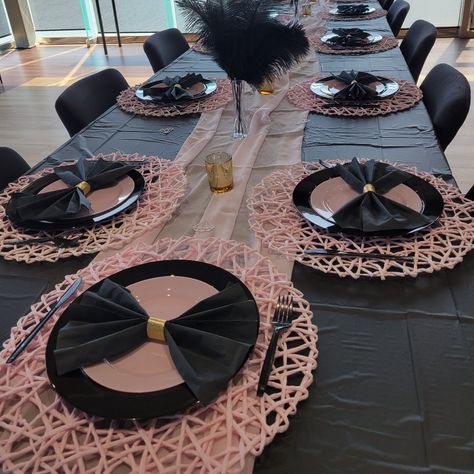 14 Total (7 Sets Of 2) Light Pink Placemats 15.5 In Diameter Black Gold And Peach Wedding Decor, Blush Pink And Black Wedding Decorations, Black And Pink Table Setting, Sweet 16 Pink Theme, Blush Pink And Black Wedding, Pink Charger, Pink Party Tables, Merry Pinkmas, Black And Pink Wedding