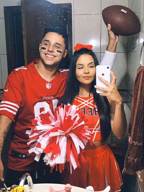 Footballer And Cheerleader Couple, Football And Cheerleader Couples Costume, Football Player And Cheerleader Couple Costume, Cheerleader Couple Costume, Football Couple Costume, Football Player And Cheerleader Costume, Simple Cute Couple Costumes, Cheerleader And Football Player Costume, Couple Party Outfits