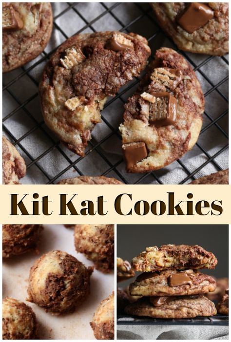 Kit Kat Cookies are a thick vanilla and chocolate swirled cookie loaded with chopped Kit Kat Bars! #cookiesandcups #cookierecipe #kitkat #cookies #chocolate kitkatcookies Kitkat Cookies, Kit Kat Cupcakes, Kit Kat Recipes, Bisquick Chocolate Chip Cookies, Kit Kat Cookies, Soft Cookie Recipe, Kit Kat Bars, Toffee Cookies, Easy Chocolate Chip Cookies