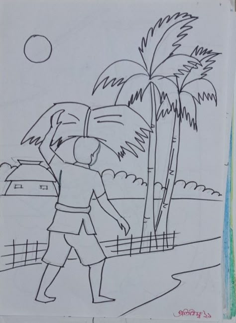 Drawing For School Magazine, Panihari Drawing, Composition Drawing Easy, Scenery Drawing Pencil, Scenery Drawing For Kids, Drawing For Children, Easy Scenery, Easy Scenery Drawing, Village Drawing