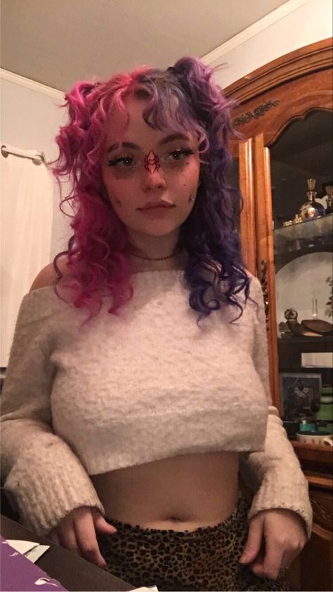 Half And Half Curly Hair Color, Split Dye On Curly Hair, Alt Dyed Hair Ideas, Split Dyed Hair Pink And Purple, Half And Half Dyed Hair, Pink And Purple Split Dye, Split Dye Ideas, Split Dye Pink, Purple Split Dye