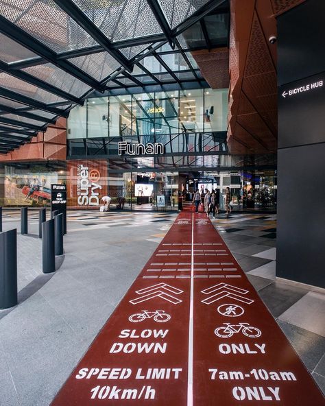 Funan is Singapore’s first retail mall with an indoor cycling path, connecting cyclists from the external cycling path to the bicycle hub… Funan Mall, Cycling Event, Cycle Store, Business Hub, Bicycle Parking, Urban Cycling, Hotel Plan, Indoor Cycling, Bike Lane