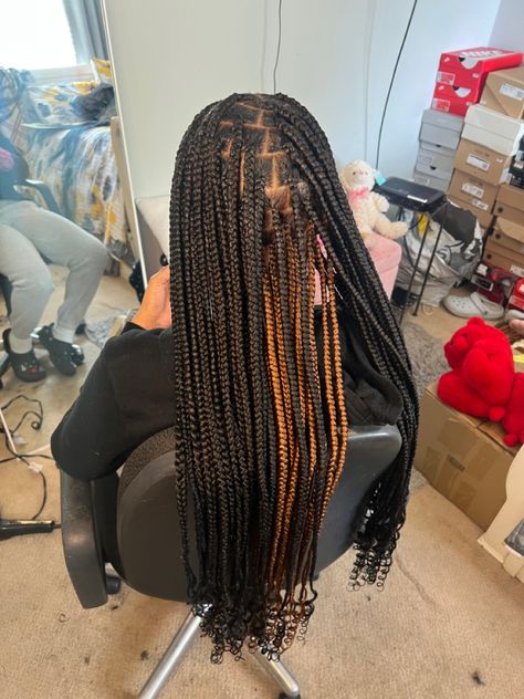 Black And 30 Knotless Braids, Peek A Boo Box Braids Medium, Braided Hairstyles Black And Brown, Black Braids With Brown Peekaboo, Medium Knotless Braids Curls At The End, Trible Braids Peekaboo, Box Braids With Curly Ends Peekaboo, Long Knotless Peekaboo Braids, Peakaboo Knotless Box Braids