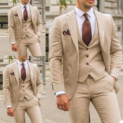 Luxury Cream Suits For Men, Luxury Beige Three-piece Suit For Groom, Luxury Beige Three-piece Tuxedo Suit, Luxury Fall Wedding Three-piece Suit, Luxury Cream Sets For Groom, Luxury Elegant Beige Three-piece Suit, Luxury Beige Wedding Sets, Luxury Cream Suits For Groom, Luxury Beige Suits With Pockets