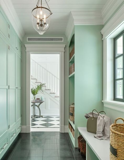 Gorgeous mint green mudroom by Denise Maloney with built-in storage and a bell-jar pendant light - fabulous mouldings too. Mint Green Rooms, Entry Floor, Mint Green Walls, Mint Walls, Shiplap Ceiling, Glass Bell Jar, Green Hallway, Hijau Mint, Calming Spaces