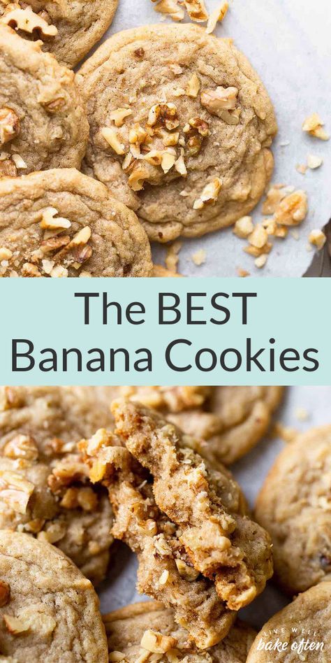 These banana cookies taste like your favorite banana bread, but in cookie form! Feel free to omit the nuts or swap in chocolate chips, if desired. Banana Cookie Recipe, Banana Bread Cookies, Banana Dessert Recipes, Banana Oatmeal Cookies, Banana Cookies, Banana Dessert, Banana Healthy, 140 Pounds, Banana Recipes