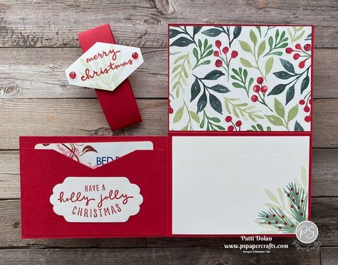 Su Christmas Money Holders, Stampinup Christmas Gift Card Holders, Card For Gift Cards, Christmas Gift Card Holders Diy Cricut, Diy Christmas Gift Cards, Wrapped In Christmas Stampin Up Cards, Gift Card Bag Diy, Stampin Up Cards Gift Card Holder, Paper Craft Gift Card Holder