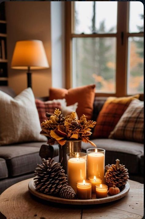 Fall Vibes Living Room, Fall Living Room Decor With Grey Couch, Fall Decoration Living Room, Fall Decor With Gray Couch, Autumn Decorations Living Room, Cozy Table Decor, October Living Room Decor, Fall Ideas For Living Room, Non Pumpkin Fall Decor