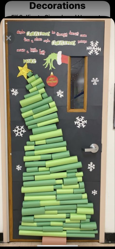 Cute Christmas Door Decorations For School, Grinch Tree Door Decorations, Holiday Door Designs, Christmas Door Decoration Contest Ideas, Grinch Library Display, Christmas Decor Office Door, 3d Christmas Tree Door Decoration, Christmas Teacher Lounge Ideas, Who Ville Door Decoration