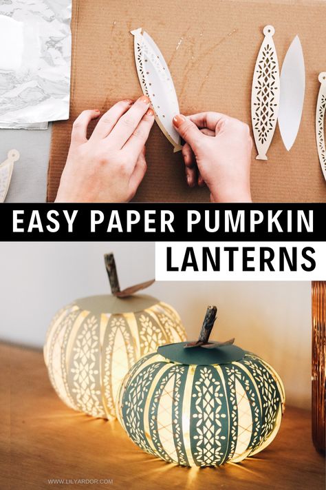 Cricut Lantern Projects, Fall Luminaries Diy, Cricut Paper Lantern Free, Pumpkin Lantern Svg Free, Pumpkin Paper Lanterns, Paper Pumpkin Lanterns Diy, 3d Paper Pumpkin Cricut, Pumpkin Luminaries Diy, Autumn Cricut Ideas