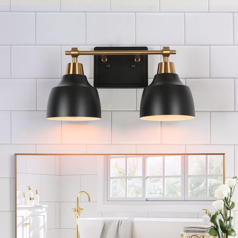 Bathroom Light Fixtures Over Mirror Farmhouse, Black And Gold Vanity Light, Forest Oasis, Above Mirror Bathroom Lighting, Airbnb Bathroom, Bathroom Light Fixtures Over Mirror, Farmhouse Vanity Light, House Flips, Modern Black Bathroom