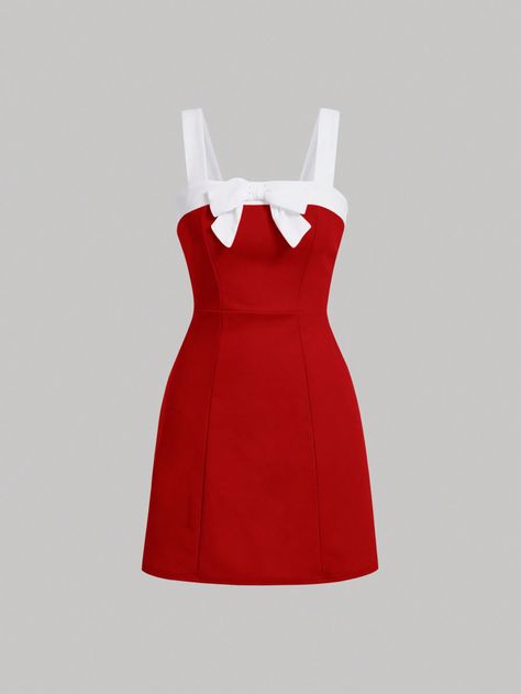 Red Casual,Elegant,Party Collar Sleeveless Knitted Fabric Colorblock Cami Embellished Medium Stretch  Women Clothing Red And White Dress Outfit Classy, Summer Party Dress With Red Bow, White Dress Outfit Classy, Cute Red Dress With Bow, Coquette Red Dresses, Red Summer Dress With Bow, Red White Outfit, Red Vintage Knee-length Mini Dress, Red And White Outfit