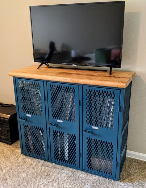 Repurposed Lockers Ideas, Man Cave Tv Stand, Repurpose Lockers, Attic Inspiration, Sports Room Boys, Repurposed Metal, Repurposed Junk, Diy Locker, Vintage Lockers