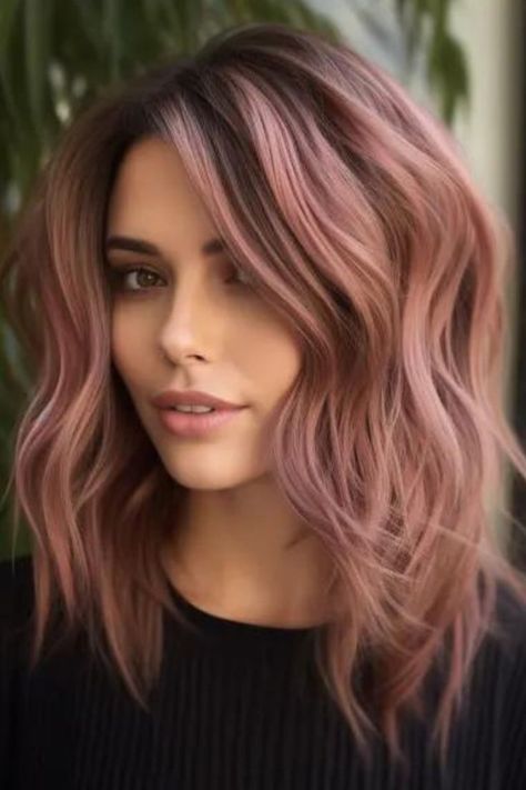 Dark Brown With Rose Gold Balayage, Hair Color Ideas For Brunettes Rose Gold, Rose Gold On Brunette Hair, Pink Hair Over Brown, Rose Gold Hair With Dark Roots, Chocolate Rose Gold Hair Balayage, Non Bleached Hair Colour, Subtle Pink Balayage, Hair Color With Pink Highlights