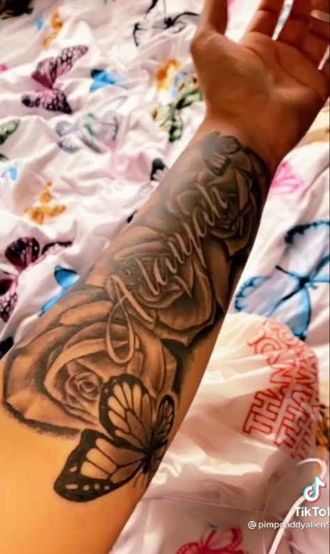 Arm Tattoos For Women Names, Daughter Tattoos For Mom Black Women, Mama Name Tattoo, Rose Sleeve Tattoo Women Forearm, Name Memorial Tattoos, Tattoos With Names In Them, Dope Tattoos For Women Arm, Name Tattoo Ideas For Women, Forearm Tats For Women