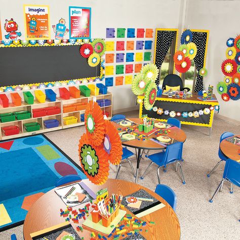 Robots+&+Gears+Classroom+Theme+-+OrientalTrading.com Stem Classroom Decor, Lego Classroom Theme, Robot Classroom, Lego Classroom, Maker Fun Factory Vbs, Steam Classroom, Maker Fun Factory, Classroom Decor Middle, Middle School Classroom Decor