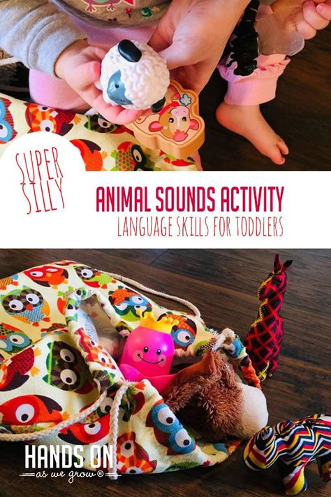 Make your own fun animal sounds activity using toys you already have! It's a great way to toddlers to build those budding language skills through play! via @handsonaswegrow Animal Sounds Activity, Language Development Activities, Animal Activities For Kids, Baby Activities, Animal Sounds, Animal Activities, Outdoor Activities For Kids, Easy Activities, Language Activities