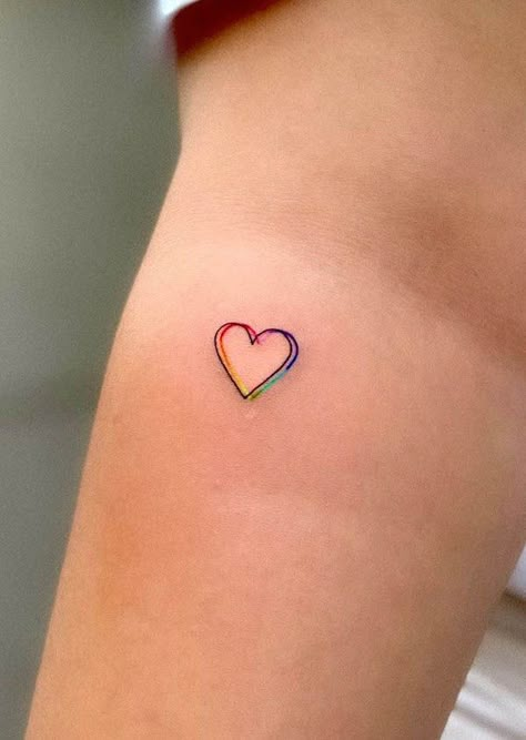 Small Rainbow Heart Tattoo, Heart Rainbow Tattoo, Cute Left And Right Tattoo, Heart Tattoo Colorful, Meaningful Heart Tattoos, Watercolor Heart Tattoos For Women, Small Simple Color Tattoos, Colourful Small Tattoos, Neon Heart Tattoo