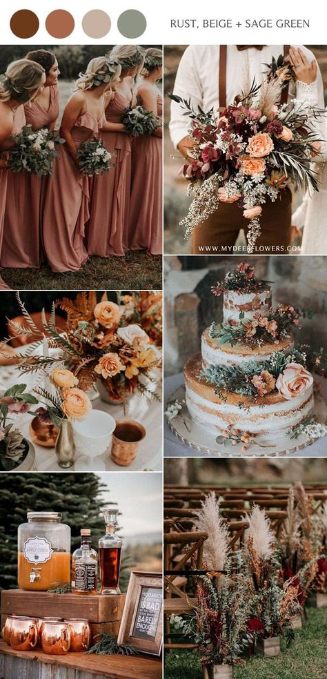 rust dusty orange beige and sage green wedding color ideas    #wedding #weddingideas #fallwedding #weddingcolors Sage Green Wedding Colors, Wedding Neutral, Ideas Bodas, Fall Wedding Color Schemes, Rustic Wedding Colors, Western Themed Wedding, Country Theme Wedding, Green Wedding Colors, Flowers And Greenery