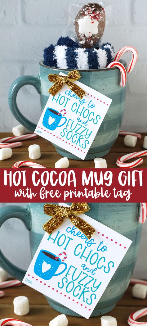 Hot Cocoa Mug Gift Idea + Free Printable Tag | artsy-fartsy mama Socks And Hot Chocolate Gift, Coworker Mug Gift Ideas, Mug With Hot Chocolate Gift, Mug And Socks Gift, Coworker Christmas Gift Ideas Hot Chocolate, Hot Chocolate Gift Bags Diy Christmas, Hot Coco Mugs Diy Gift, Hot Cocoa Stocking Stuffer, Cocoa Mug Gifts