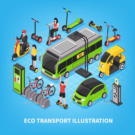 Eco Transport Isometric Illustration #Transport, #Eco, #Illustration, #Isometric Eco Illustration, Transportation Illustration, Train Cartoon, Transport Illustration, Sustainable Transportation, Illustration City, Streetscape Design, Parking Building, Electric Transportation