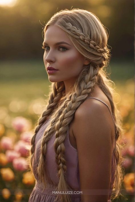 Scottish Braided Hair, Norse Hairstyles Women Short, Braid Fantasy Hair, Medieval Hairstyles Women, Fantasy Braided Hair, Hairstyles For Long Hair With Braids, Roman Goddess Hairstyles, Swedish Braids Hairstyles, Braid Down Hairstyles