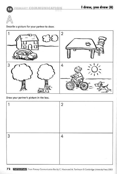 This worksheet, which asks students to pair up and describe the pictures to their partner, who then tries to draw following their instructions, could be a good pair activity for two ELLs of almost any level, as higher English proficiency ELLs could simply describe the pictures to their partner in more detail/with higher level vocabulary. Higher level students could also be provided with more detailed pictures to describe, with this worksheet serving as a template. Partner Drawing Activity, Describe The Picture Worksheet, Listen And Draw Activities, Partner Drawing, Description Prompts, Esl Listening Activities, Pictures To Describe, Activity Template, Workplace Safety Tips