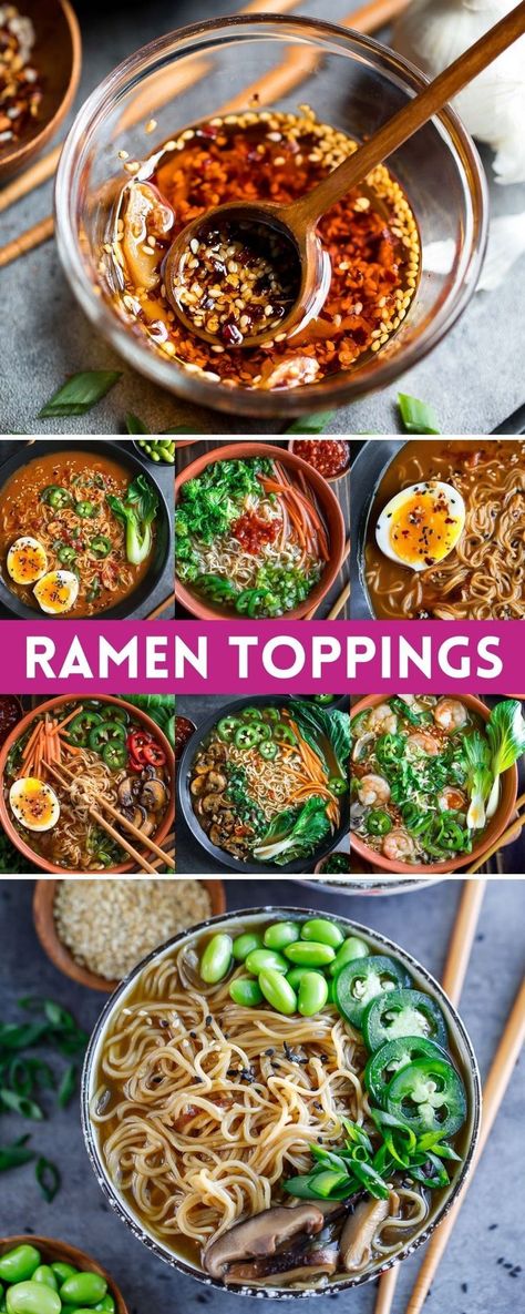 ramen toppings collage Ramen Vegetarian, Spicy Ramen Recipe, Top Ramen Recipes, Ramen Toppings, Bowl Recipes Easy, Noodle Bowls Recipes, Ramen Recipes Easy, Vegetarian Ramen, Ramen Noodle Bowl