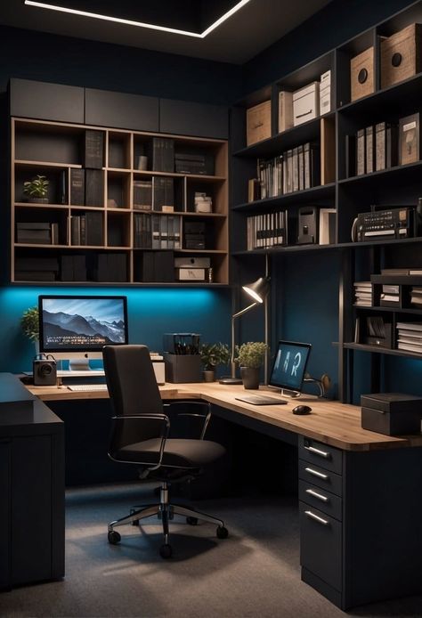 20 Small Moody Office Ideas That Boost Creativity and Focus Industrial Basement Office Ideas, Office Design Men Decor, Small Dark Room Ideas, Dark Paint Office, Small Home Office Desk Ideas, Developer Home Office, Eclectic Home Office Ideas, Men’s Office Ideas, Architect Home Office