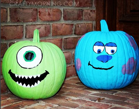 40 Cute and Easy Pumpkin Painting Ideas - Hobby Lesson Sully Pumpkin Painting, Pumpkins Decorated, Disney Pumpkin Painting, Creative Pumpkin Painting, Creative Pumpkin Decorating, Character Pumpkins, Scary Halloween Decorations Diy, Dekorasi Halloween, Mike And Sully