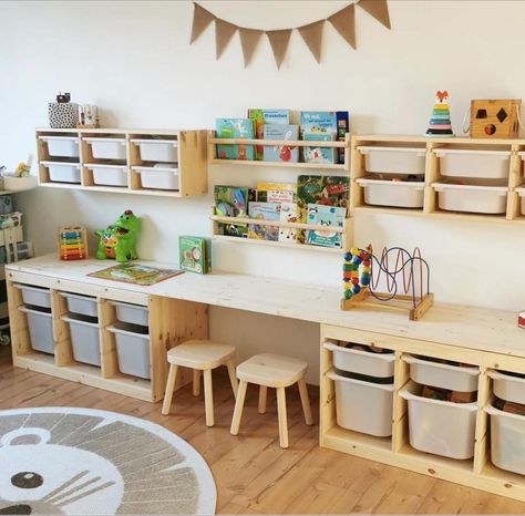 Modern Rustic Playroom, Toy Room Set Up, Playroom Design Ikea, Montessori Bedroom Design, Ikea Trofast Kids Room, Classroom Loft Ideas, Rustic Playroom Ideas, Kids Montessori Playroom, Trofast Playroom Ideas