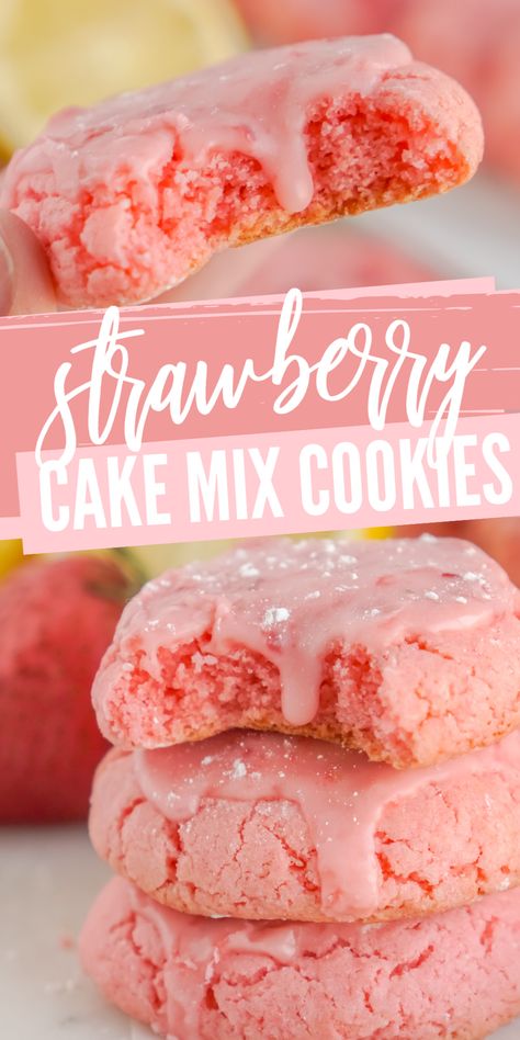 Amazing Strawberry Cake Mix Cookies! These Cookies are SO easy to make with a cake mix base and a strawberry lemon glaze! Perfect for Valentine's Day, Spring, or Summer! Soft and Chewy Cookies in 20 minutes! #lemonpeony #strawberry #lemon #cookies #cakemixcookies #strawberrycookies Box Strawberry Cake, Cookies For Spring, Strawberry Cookie Recipe, Strawberry Cake Cookies, Easy Strawberry Cake, Strawberry Bliss, Strawberry Cake Mix Cookies, Easy Strawberry Desserts, Strawberry Cake Easy