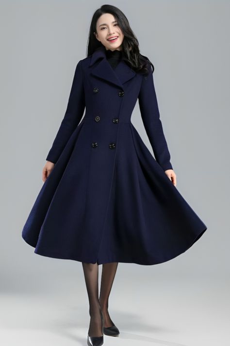 Women's Blue Wool Trench Coat | Trench Coat | Wool Trench Coat Womens Fall Coats, Women Trench Coat, Long Winter Coats Women, Winter Coat Women, Princess Coat, Wool Winter Coat, Winter Outwear, Wool Coat Women, Wool Trench Coat