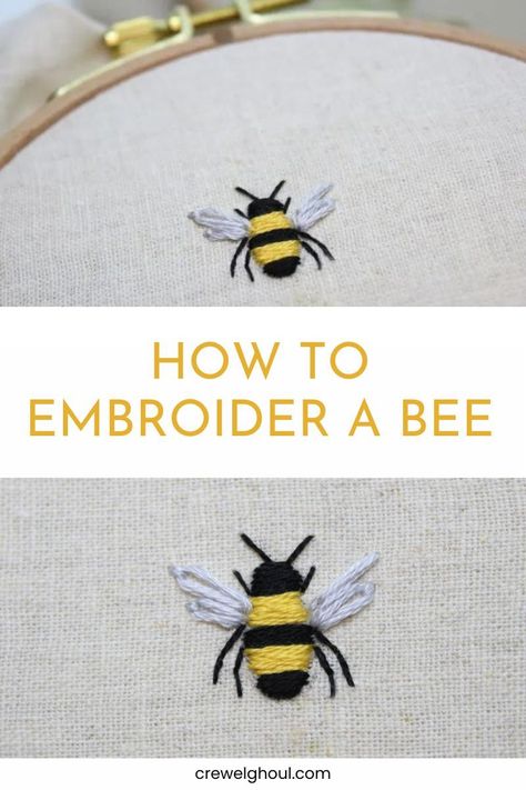 Learn how to embroider a simple bumble bee with this easy step by step tutorial. Embroidery Designs Easy Free Pattern, Bumble Bee Embroidery Simple, Embroidered Bees Patterns, Tiny Bee Embroidery, Embroidered Bee Pattern, Easy Embroidery For Beginners Patterns, Embroidery Bumble Bee, Small Embroidery Designs Simple, Bee Embroidery Pattern Free