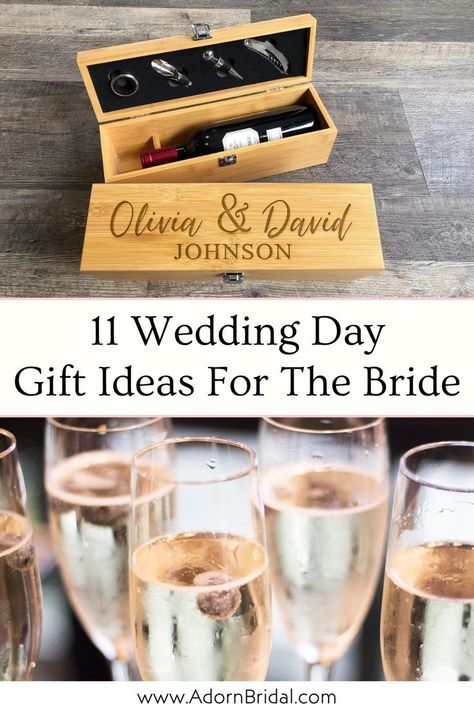 If you’re looking for gifts to give your bride on wedding day, this blog post from Adorn Bridal has you covered. The bride groom gift exchange usually takes place on the morning of the wedding. If you opt to get a wedding gift for your bride, look at our wedding gift ideas for the bride. From a personalized wine box to champagne glasses or a wedding band engraving, these wedding day gift ideas are meaningful and timeless. Click the link to check out these wedding day gifts for bride from groom. Gifts For Bride From Groom, Bride On Wedding Day, Personalized Wine Box, Morning Of The Wedding, Gifts For Bride, Wedding Gift Ideas, Wedding Band Engraving, Wedding Planning Timeline, Wedding Day Gifts