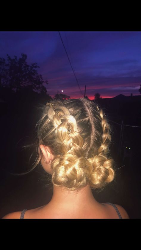 Dutch braid with hair rings into buns Braids To Buns Hairstyle, Hair Styles One Braid, Double Braids Into Low Buns, Dutch Buns Hairstyles, French Braid Into Two Low Buns, Dutch Braid Into Bun Sports, Braided Hairstyles Two Buns, Cute Dutch Braid Ideas, Cute Hairstyles With Braid